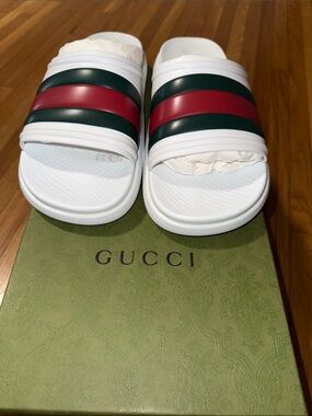 Gucci White Slides with Green & Red Stripes